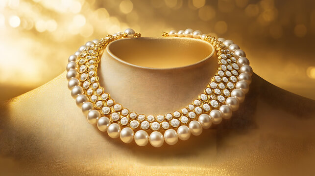 A statement pearl necklace with gold accents displayed in a boutique against a golden backdrop.