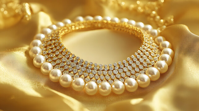 A statement pearl necklace with gold accents displayed in a boutique against a golden backdrop.