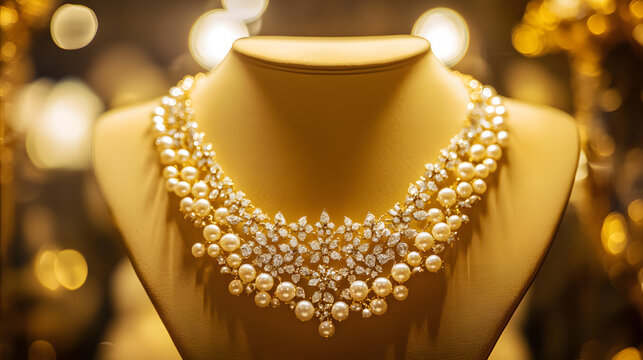 A statement pearl necklace with gold accents displayed in a boutique against a golden backdrop.