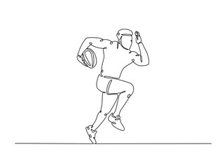 Continuous one line drawing of professional rugby player running with the ball. Rugby sport game. Editable line vector.