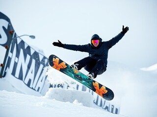 A snowboarder in mid air doing a trick in the air