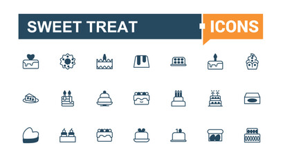 Sweet Treat icon set. Featuring celebration, cup, cupcake, sweet, candle, confectionery and more. Outline icons pack. Vector outline and solid icons collection.