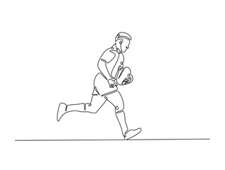 Continuous one line drawing of professional rugby player running with the ball. Rugby sport game. Editable line vector.