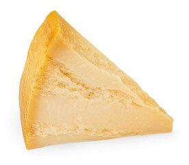 Piece of parmesan cheese isolated on white background. Parmesan or Grana Padano shards. Package...
