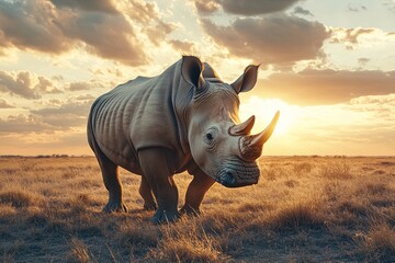 Fototapeta premium A rhinoceros's silhouette standing in the savannah with the sun setting behind, golden light, vast and wild atmosphere, medium close-up view 2