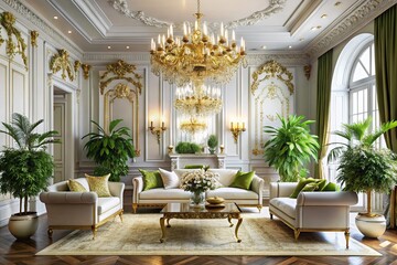 Fototapeta premium Elegant Luxury Living Room Interior in White and Gold with Grand Chandelier and Lush Greenery for Stylish Home Decor Inspiration