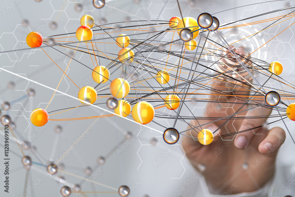 Poster Global network. Blockchain. 3D illustration. Neural networks and artificial intelligence. Abstract