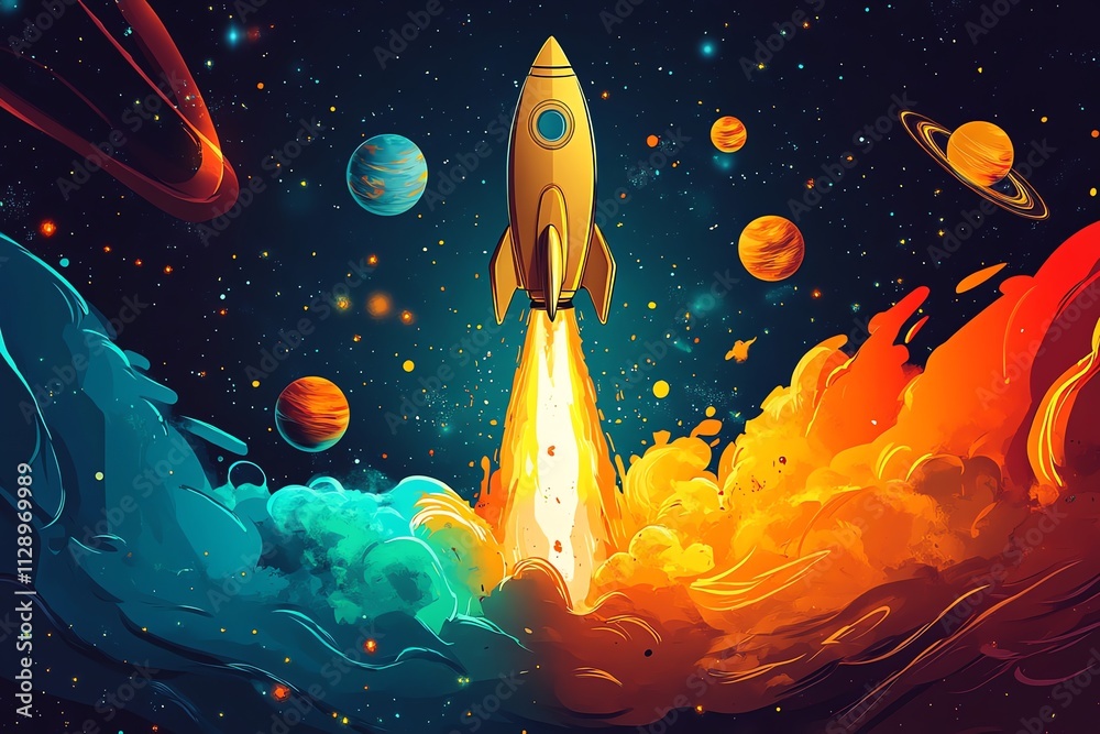 Poster a colorful rocket launching into space amidst planets and cosmic clouds.