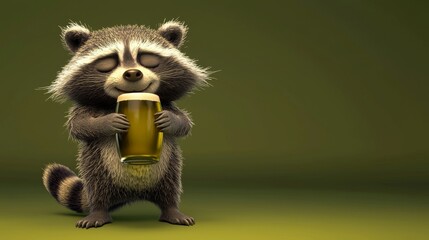 Fototapeta premium A playful raccoon relishes a cool drink in a peaceful studio environment.