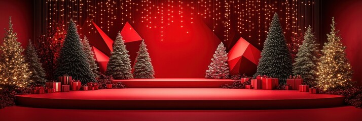 Festive Christmas Stage Setup with Gift Area, Vibrant and Celebratory