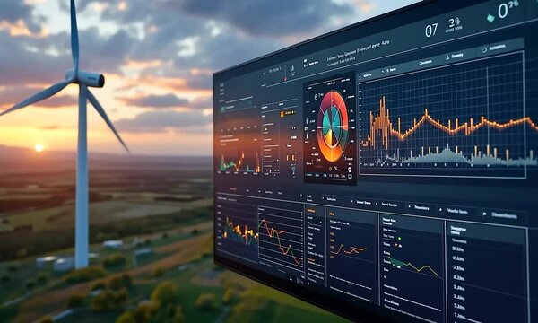 Renewable Energy Monitoring System: Wind Turbine Data Visualization at Sunset - Powered by Adobe