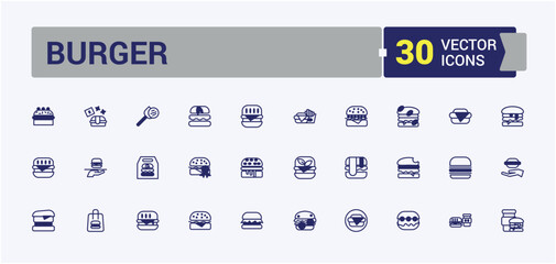 Burger icons. Contains related to silhouette, bread, eat, element, steak, tasty, meal and more. Pixel perfect. Solid line editable vector illustration.