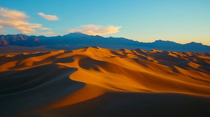 Naklejka premium Golden dunes undulate under sunset sky death valley national park nature photography desert landscape aerial view serenity of nature