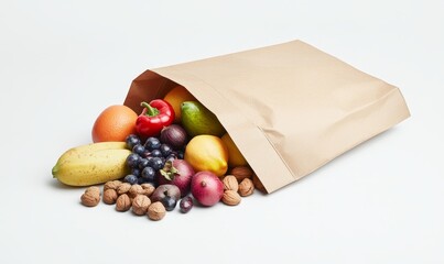 Fresh fruits and nuts spilling from a brown paper bag on a white background.