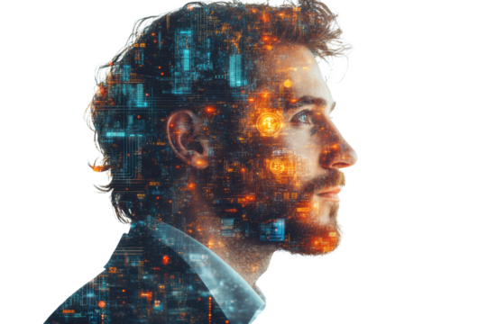 Profile of a thoughtful man blended with a modern cityscape, representing innovation and the interconnectedness of humanity and technology.