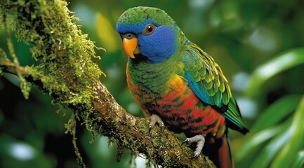 Naklejka premium Vibrant Rainbow Lorikeet Perched on Mossy Branch in Lush Rainforest Habitat