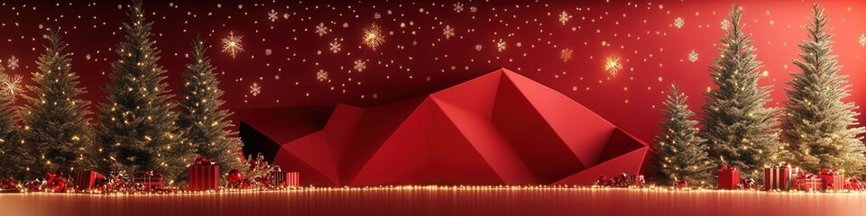 Christmas Trees with Twinkling Lights, Arranged in Semi-Circular Arc, against Red Starry Backdrop, for Holiday Decoration