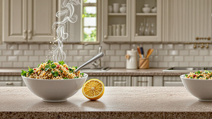 Bowl of warm grain salad with vegetables and lemon on kitchen countertop