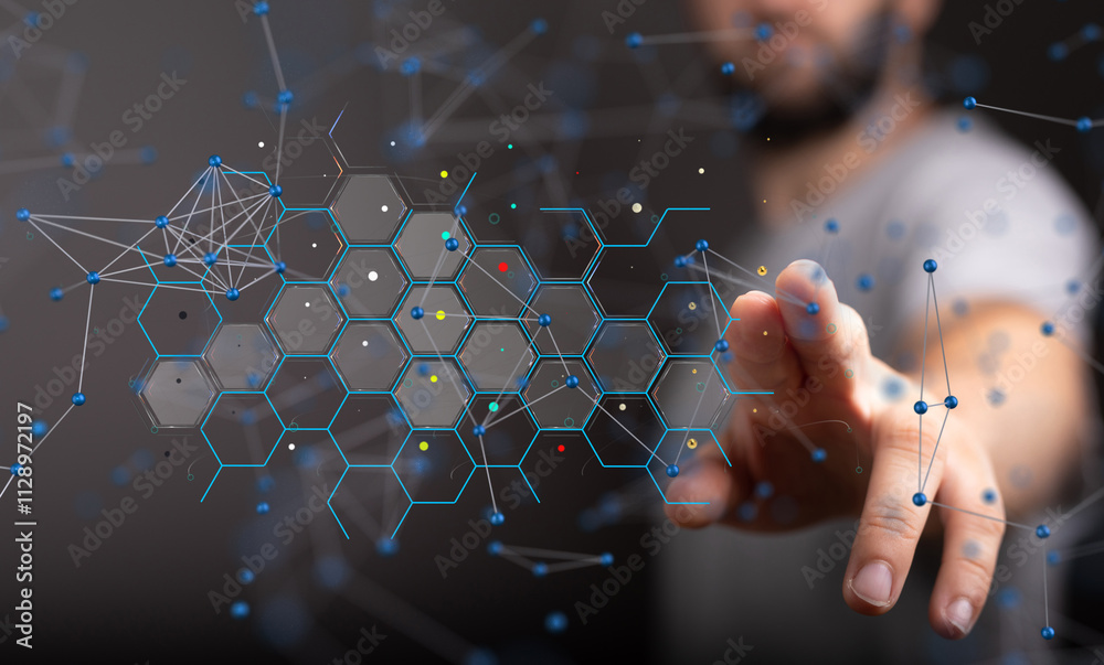 Poster Neural network 3D illustration. Big data and cybersecurity