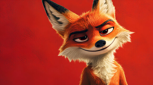 Animated cartoon fox character with sly expression