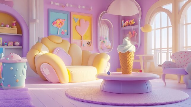 A whimsical pastel room featuring a large ice cream cone and cozy furniture.