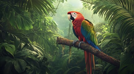 Scarlet Macaw in Lush Tropical Rainforest: Vibrant Feathers, Emerald Foliage, and Serene Jungle Habitat