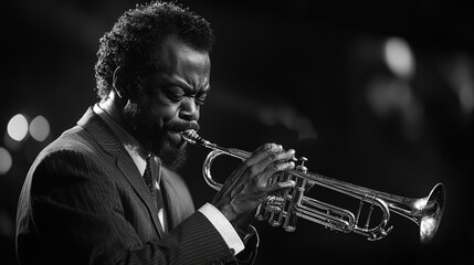 Black and white portrait of a professional trumpet player performing