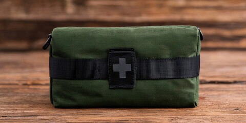 A compact green first aid kit with a black strap and cross emblem, set against a rustic wooden background.