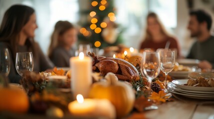 Obraz premium A warm family gathering around a festive dinner table adorned with autumn decor, featuring roasted turkey and glowing candles, exuding joy and togetherness in celebration.