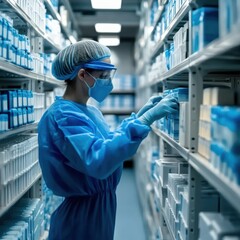 Healthcare worker in protective gear organizing medical supplies in a sterile storage room, emphasizing precision in healthcare logistics.