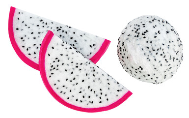 Pitaya isolated. Ripe Dragon fruit or pitahaya piece on a white background. Package design element top view. Flat lay.