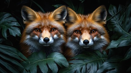 Two Beautiful Red Foxes Peeking Through Lush Green Leaves in Nature Scene