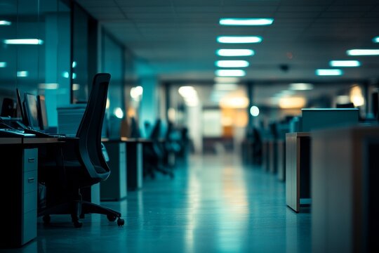 Empty modern office at night with desks, chairs, and computers.