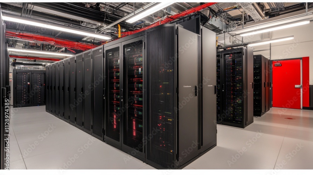 Poster data center infrastructure modern facility digital technology controlled environment wide angle view