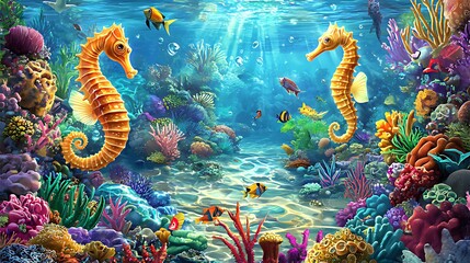 Two seahorses in vibrant coral reef.