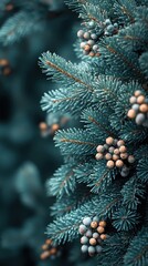 Festive Evergreen Branch, Pinecones, Berries on Dark Green Backdrop for Holiday Decor
