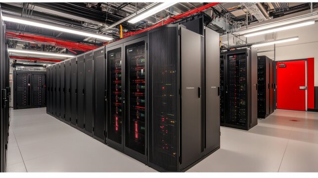 Data center infrastructure modern facility digital technology controlled environment wide angle view advanced networking solutions