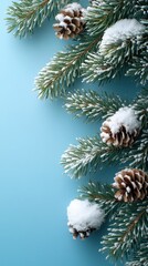 Christmas Pine Cone Wreath with Twinkling Lights, Clean and Minimalistic Composition on Solid Blue Background for Holiday Decorations