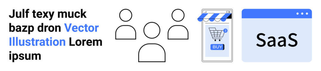 Abstract human figures, e-commerce mobile app with shopping cart, and SaaS browser window. Ideal for SaaS development, e-commerce, digital marketing, team collaboration, user engagement, mobile apps