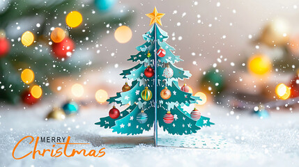 festive pop up Christmas tree with colorful ornaments and snowflakes