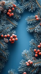 Christmas Wreath, Decorative Green Branches with Red Berries, Against Dark Background, Professional Style for Holiday Designs