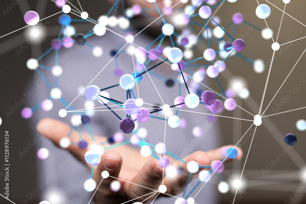 Poster Neural network concept. Connected cells with links.