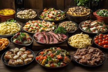 A rustic wooden table laden with a variety of delicious dishes, including pasta, steak, vegetables, and salads, perfect for a celebratory feast or buffet.