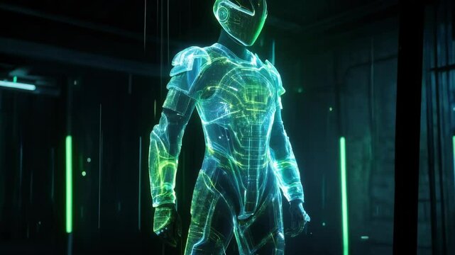 Futuristic soldier wearing a transparent exoskeleton is standing in a laboratory while undergoing a body scan. Green lines of code are flowing around him