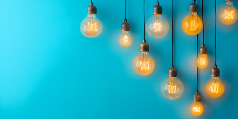 Vintage Edison Light Bulbs Hanging on Blue Background