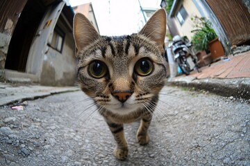 Obraz premium A cat with a curious gaze stares directly into the camera, fisheye lens, 24mm, realistic high-definition, natural soft lighting 1