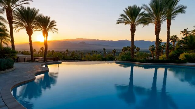 A pool with palm trees in the background and a sunset in the sky. The pool is surrounded by a sandy area and has a beautiful view of the mountains