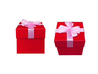 Red gift box tied with a pink bow PNG transparent.