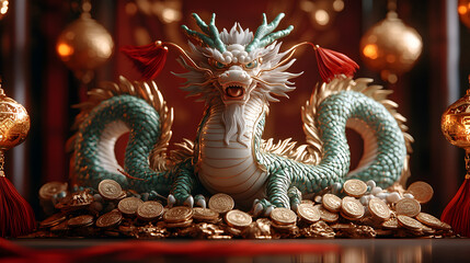 Fototapeta premium Majestic Green Dragon Statue Amidst a Pile of Gold Coins, Rich Symbolism of Wealth and Prosperity in Chinese Culture