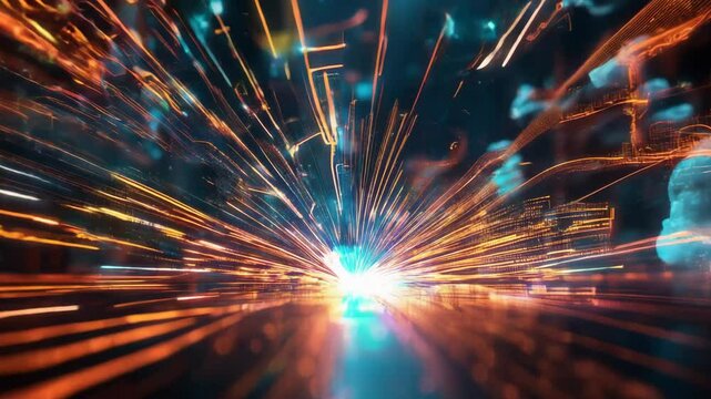 Robotic welder arm is generating a shower of sparks over a digital surface. Blueprints and technical drawings are floating around the arm